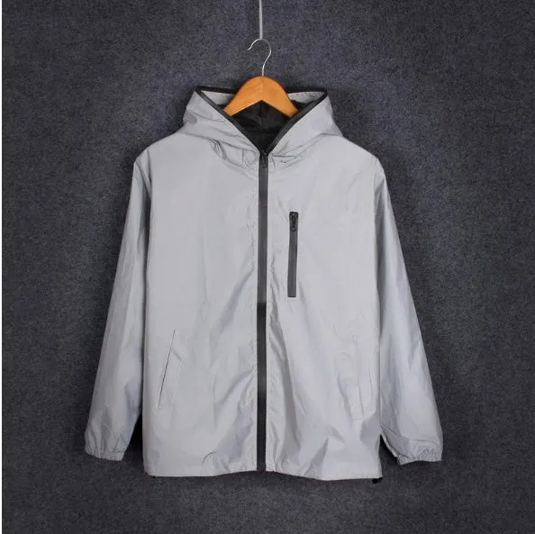 Men's full reflective windbreaker jacket in grey with hooded stand collar and zipper closure