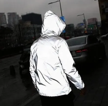 Men's full reflective windbreaker jacket in grey with hooded stand collar and zipper closure