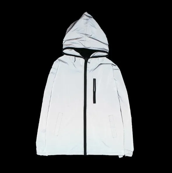 Men's full reflective windbreaker jacket in grey with hooded stand collar and zipper closure
