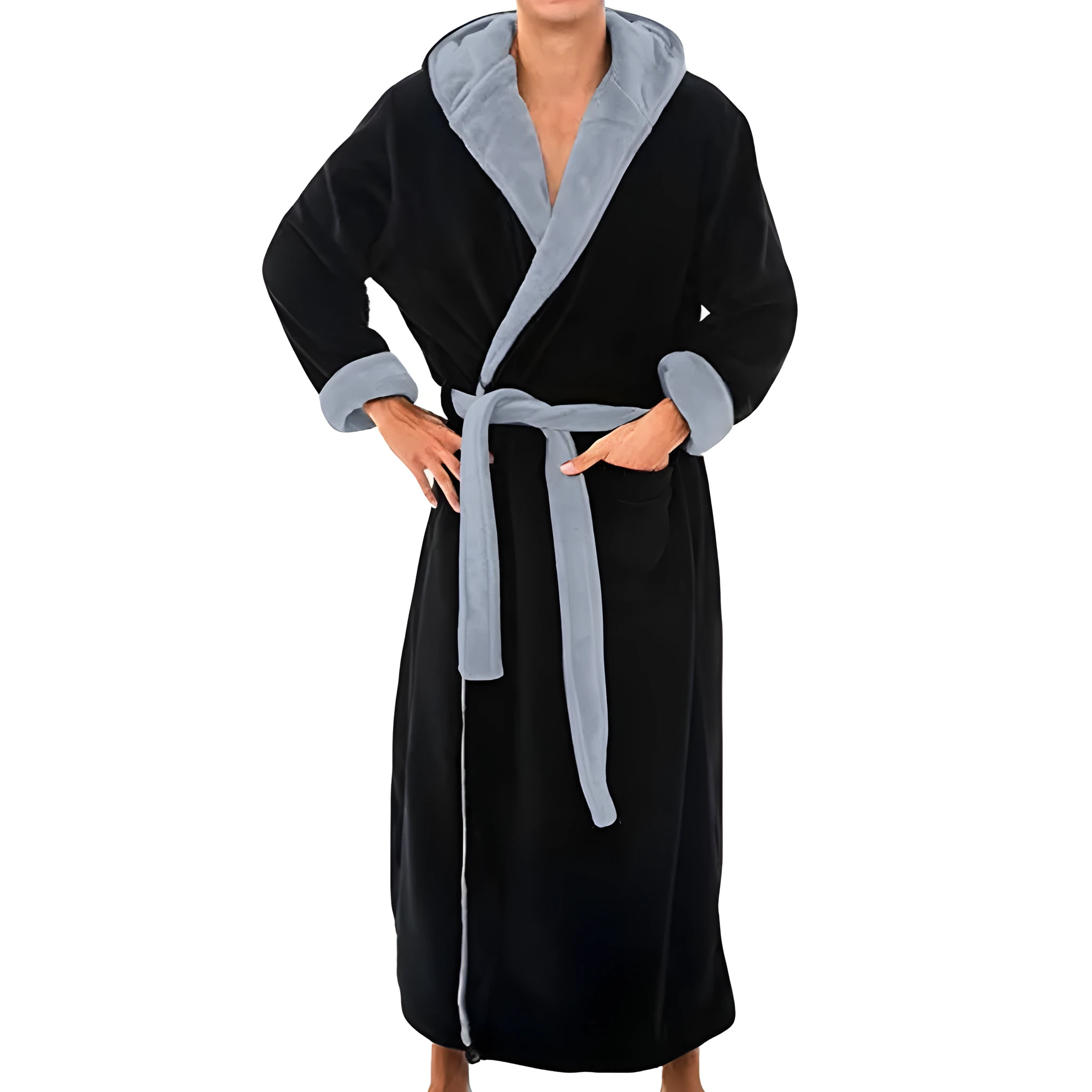 Men's thick cotton flannel hooded bathrobe in winter casual style, available in multiple colours