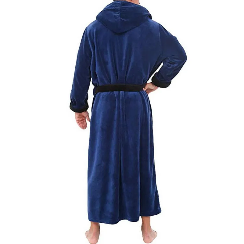 Men's thick cotton flannel hooded bathrobe in winter casual style, available in multiple colours
