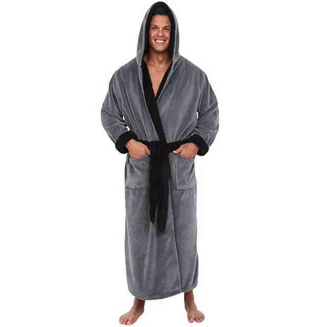 Men's thick cotton flannel hooded bathrobe in winter casual style, available in multiple colours