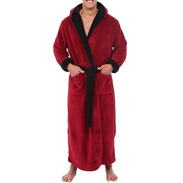 Men's thick cotton flannel hooded bathrobe in winter casual style, available in multiple colours