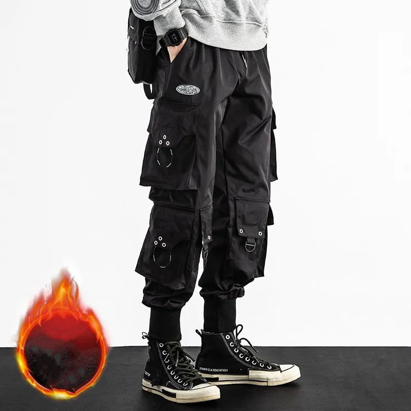 Men's black baggy cropped cargo pants with bound hem, side cargo pockets, size M to 5XL