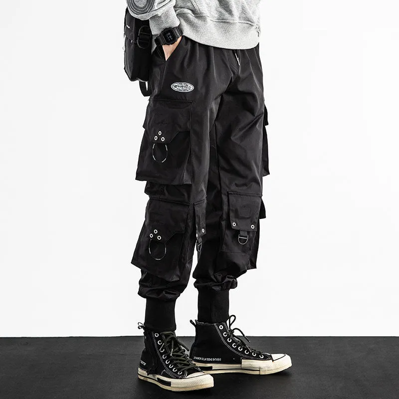 Men's black baggy cropped cargo pants with bound hem, side cargo pockets, size M to 5XL