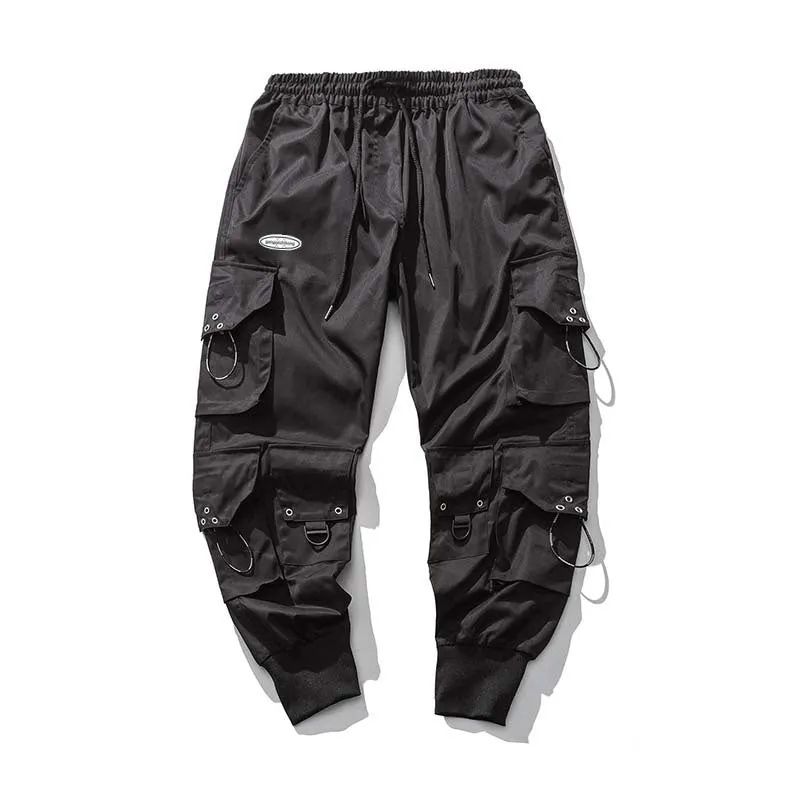 Men's black baggy cropped cargo pants with bound hem, side cargo pockets, size M to 5XL