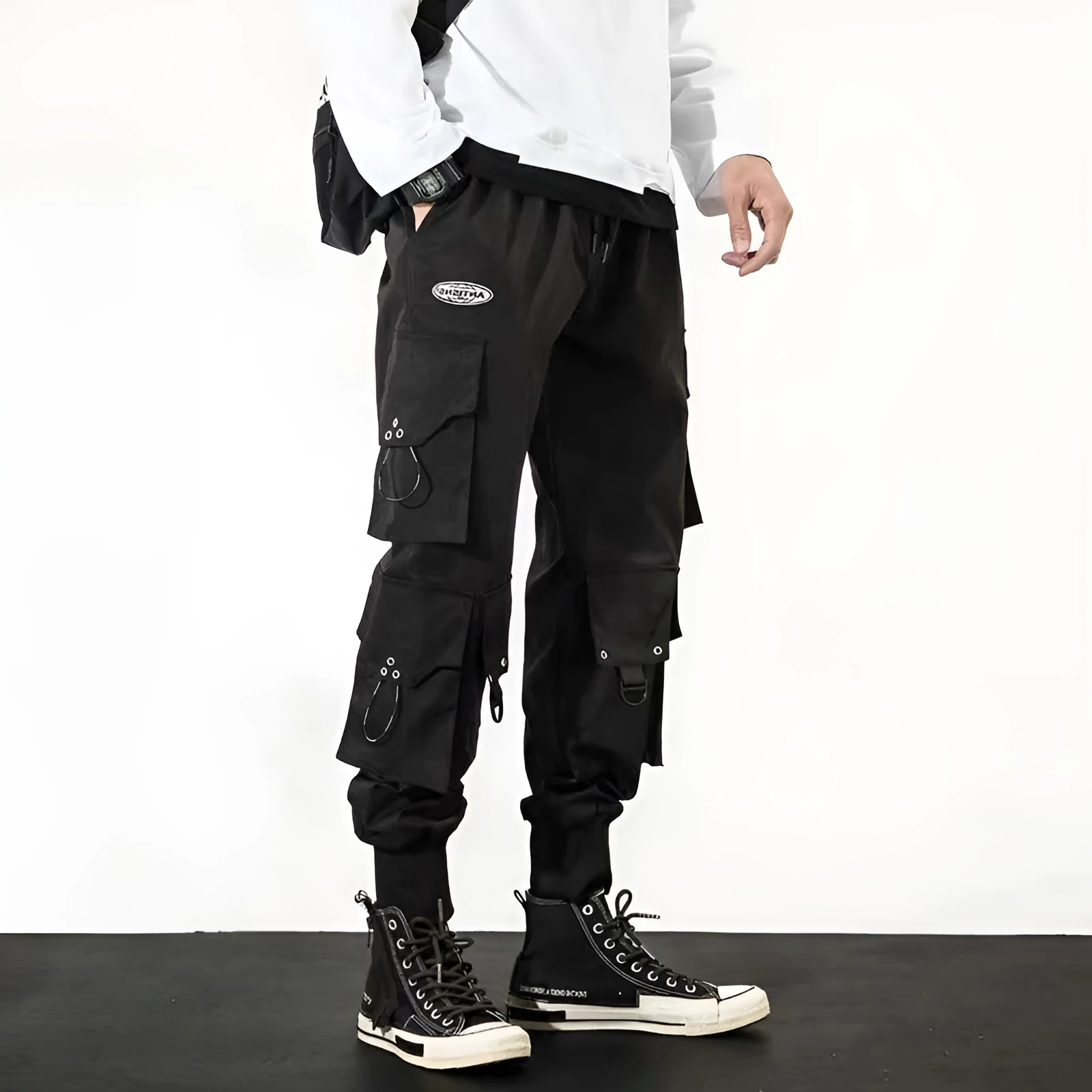 Men's black baggy cropped cargo pants with bound hem, side cargo pockets, size M to 5XL