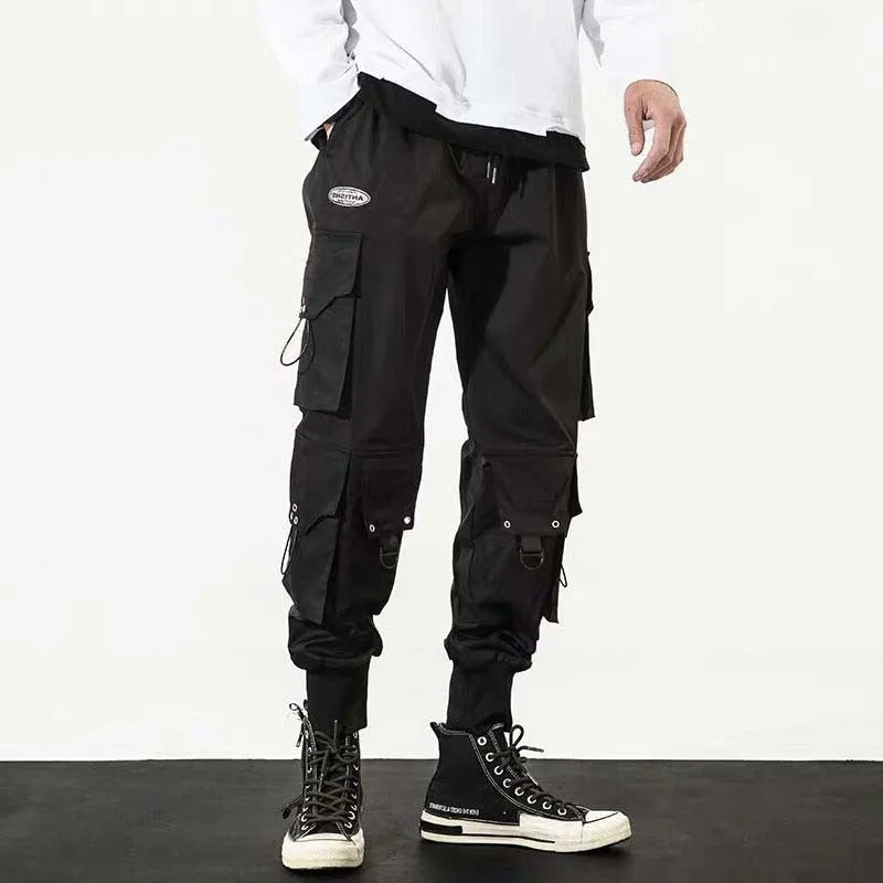 Men's black baggy cropped cargo pants with bound hem, side cargo pockets, size M to 5XL