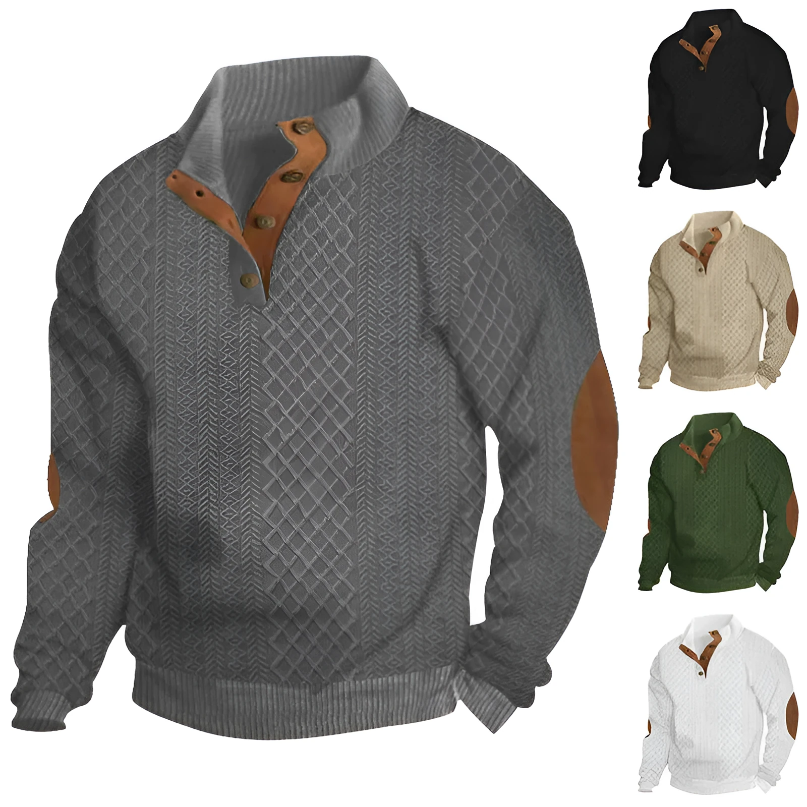 Stand collar long sleeve jacquard knitted pullover sweater in Army Green, polyester fibre, regular sleeve pullover style