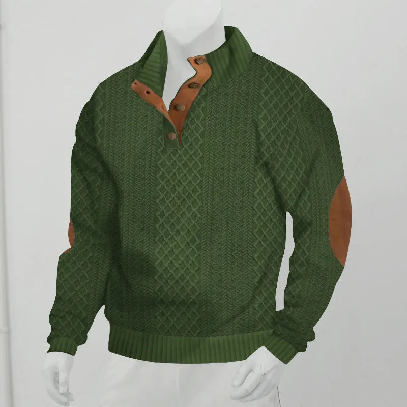 Stand collar long sleeve jacquard knitted pullover sweater in Army Green, polyester fibre, regular sleeve pullover style