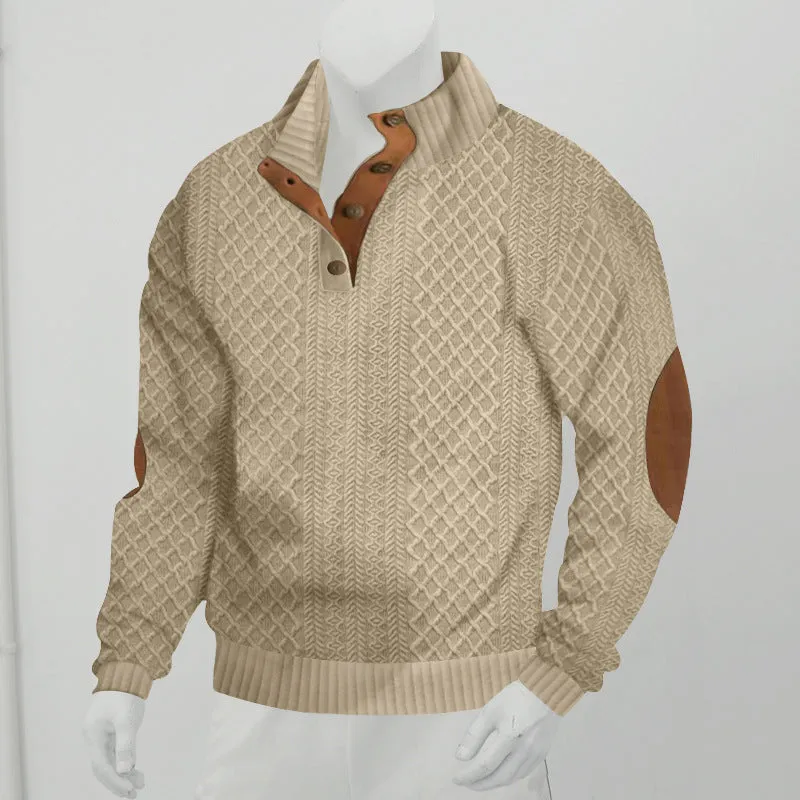 Stand collar long sleeve jacquard knitted pullover sweater in Army Green, polyester fibre, regular sleeve pullover style