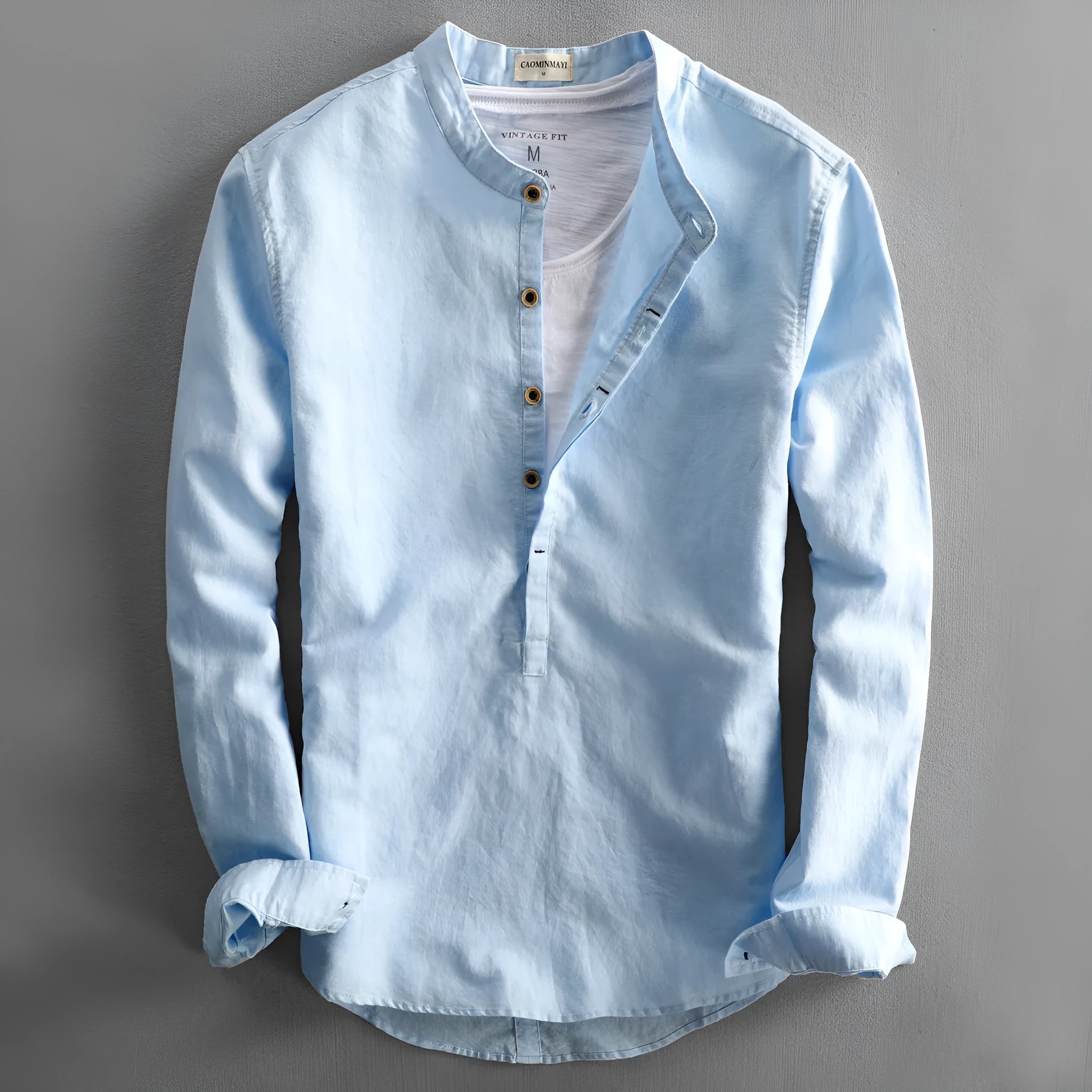 Men's casual long linen sleeves shirt loose solid colour light gray front view