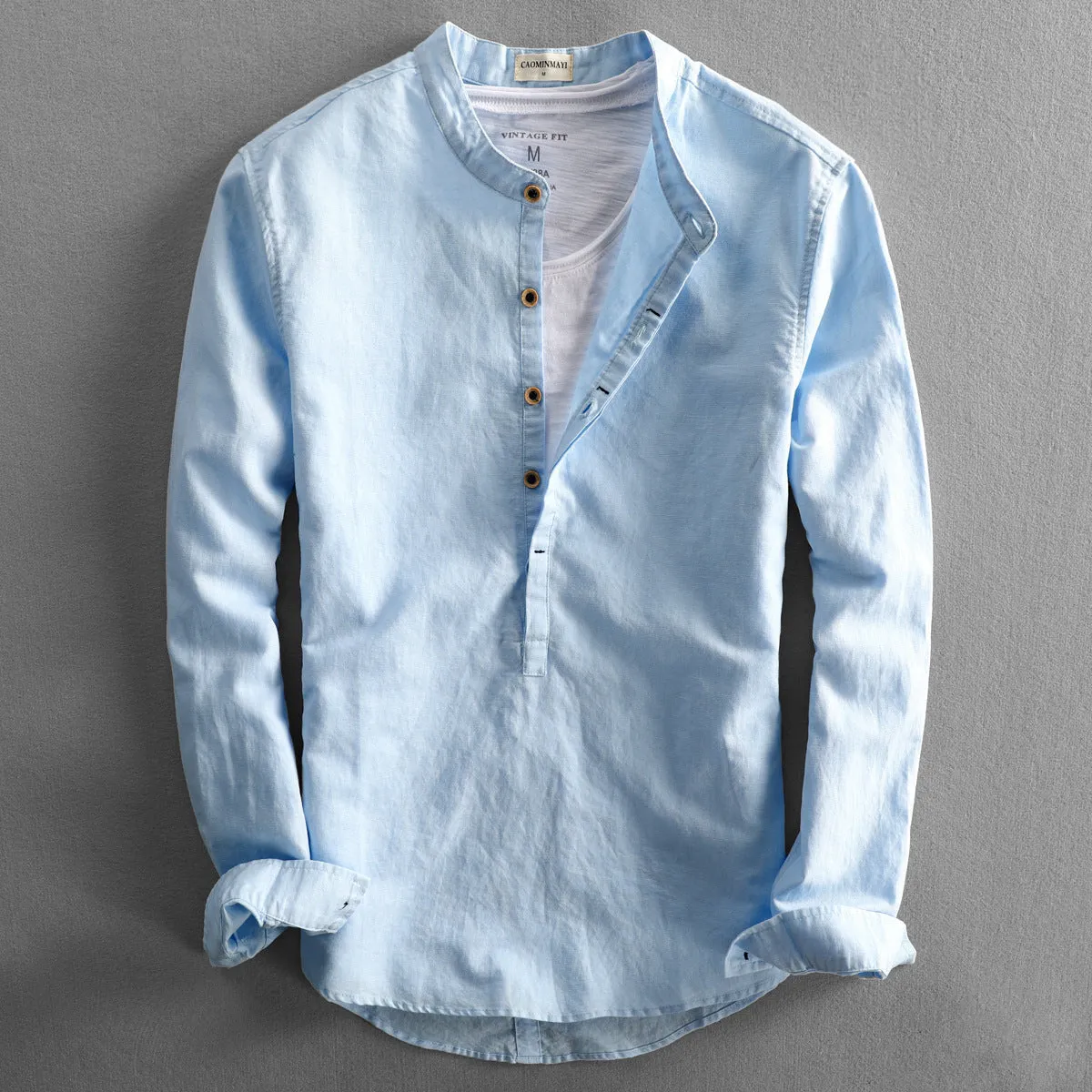 Men's casual long linen sleeves shirt loose solid colour light gray front view