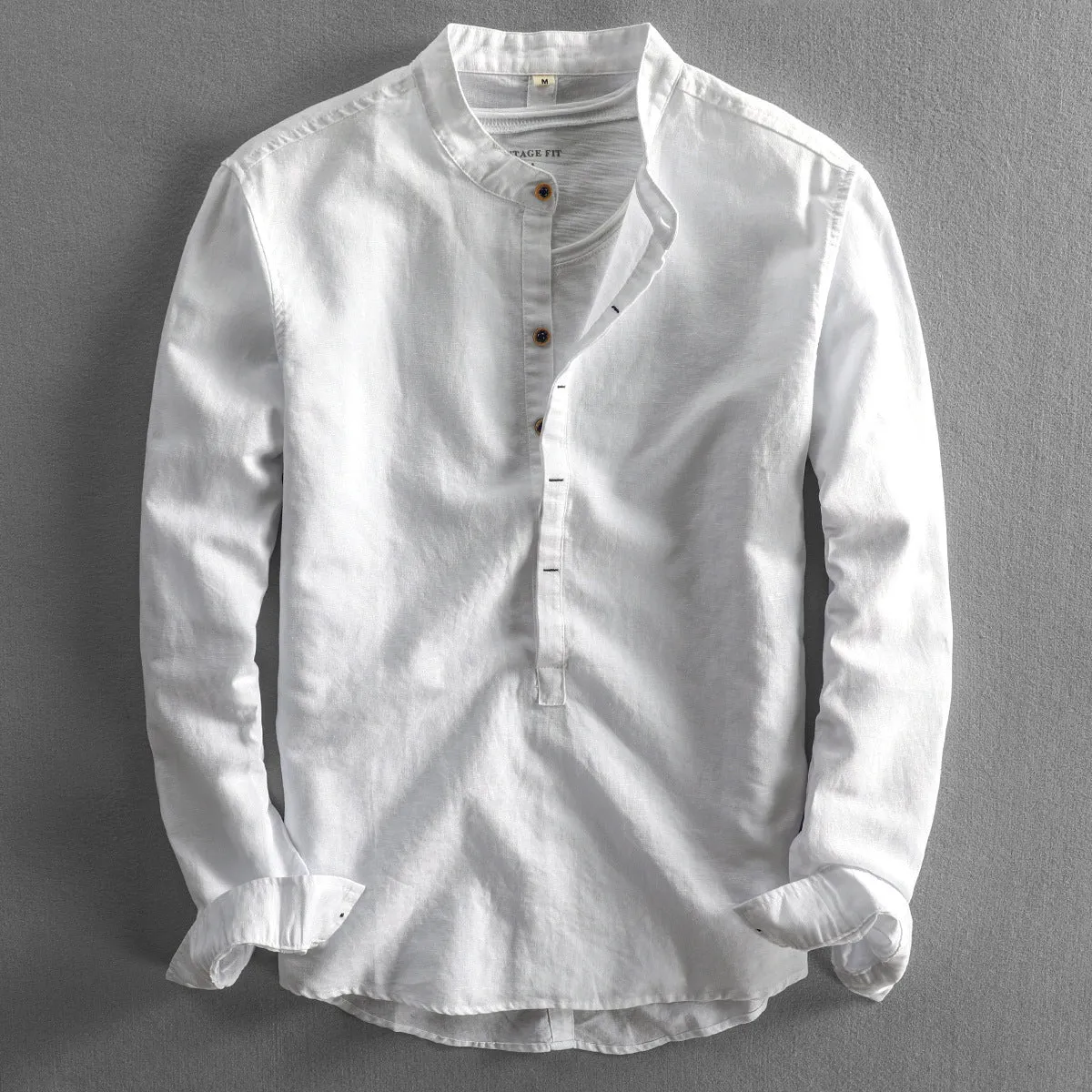 Men's casual long linen sleeves shirt loose solid colour light gray front view