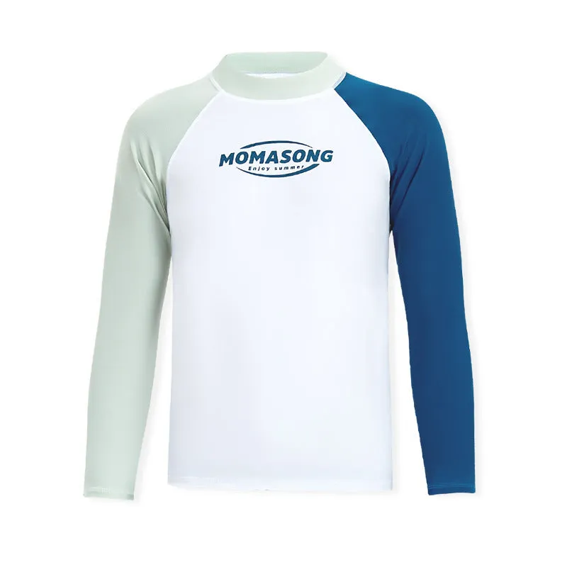 Men's white long-sleeved swim top with matching blue swim trunks for beach sports