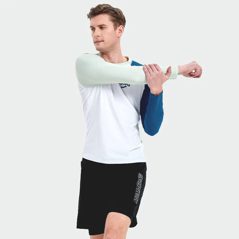 Men's white long-sleeved swim top with matching blue swim trunks for beach sports