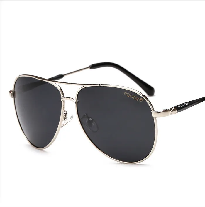 Polarized sunglasses for men with black metal frame and TAC lenses against a reflective surface