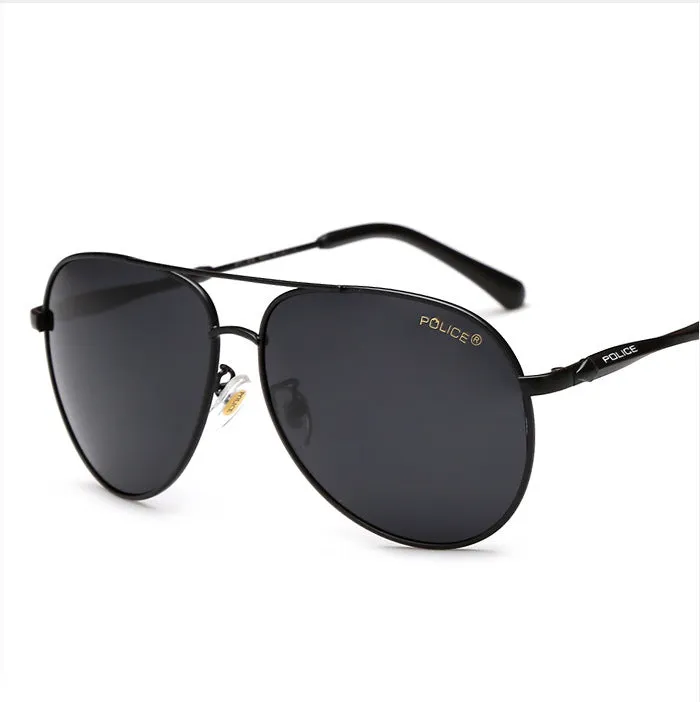 Polarized sunglasses for men with black metal frame and TAC lenses against a reflective surface
