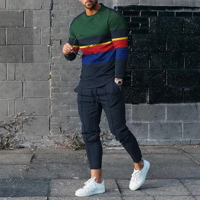 Men's cotton blend round neck long sleeve T-shirt and trousers tracksuit set in light gray on a plain background