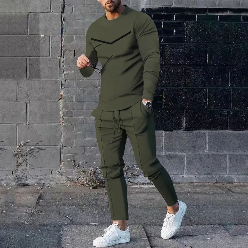 Men's cotton blend round neck long sleeve T-shirt and trousers tracksuit set in light gray on a plain background