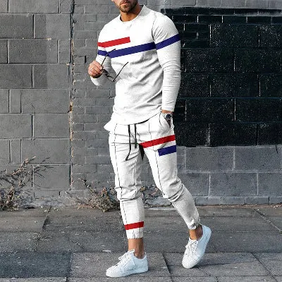 Men's cotton blend round neck long sleeve T-shirt and trousers tracksuit set in light gray on a plain background