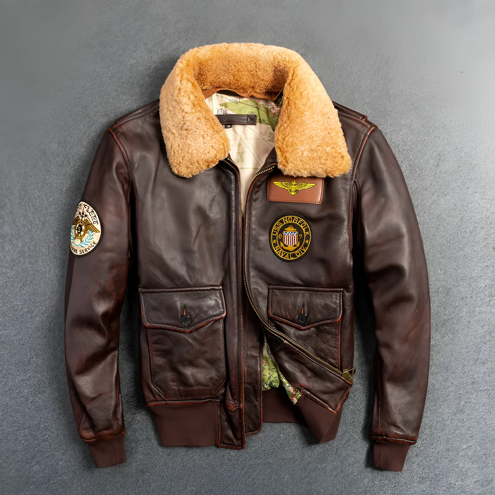 Men's genuine top layer cowhide leather motorcycle jacket in dark brown, with detachable collar and ribbed hem, shown front view
