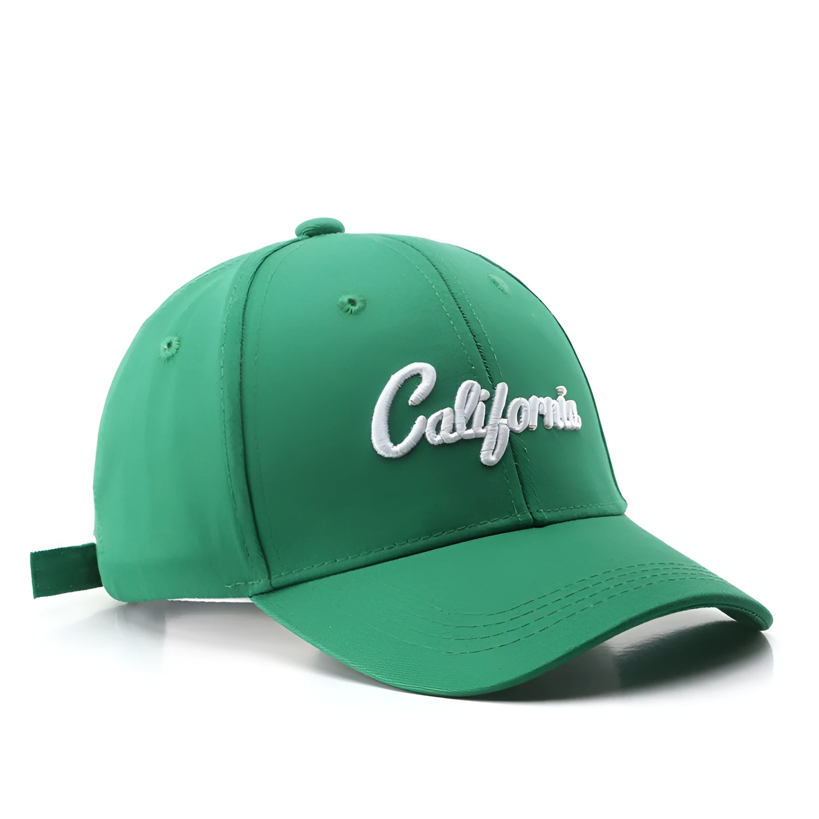 Cotton baseball cap with letter embroidery, adjustable back, curved brim, in beige on white background
