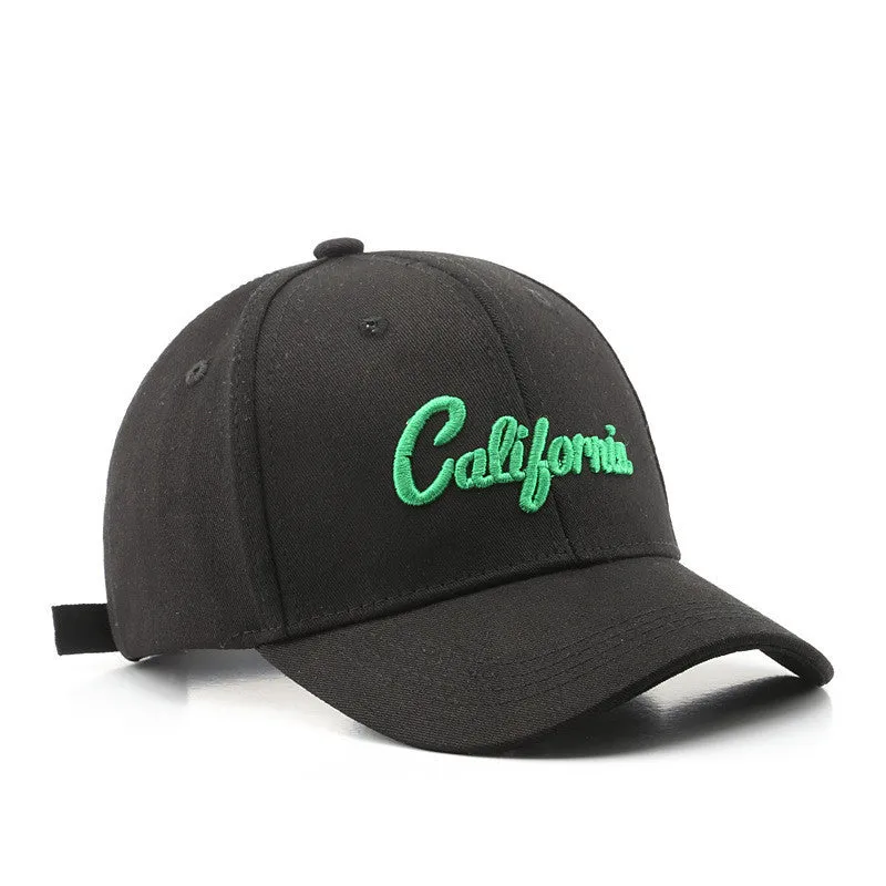 Cotton baseball cap with letter embroidery, adjustable back, curved brim, in beige on white background