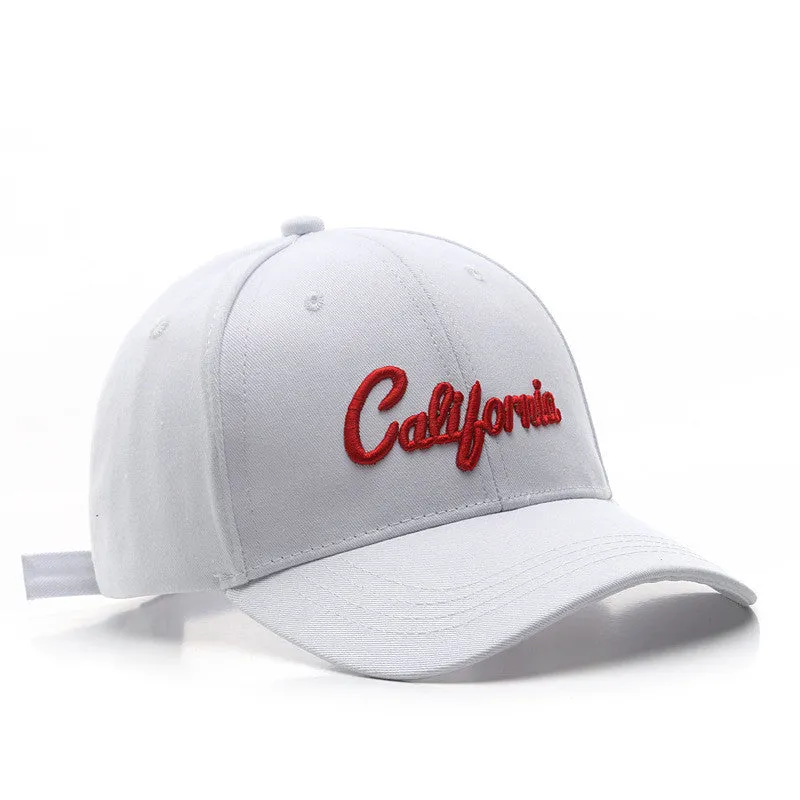 Cotton baseball cap with letter embroidery, adjustable back, curved brim, in beige on white background