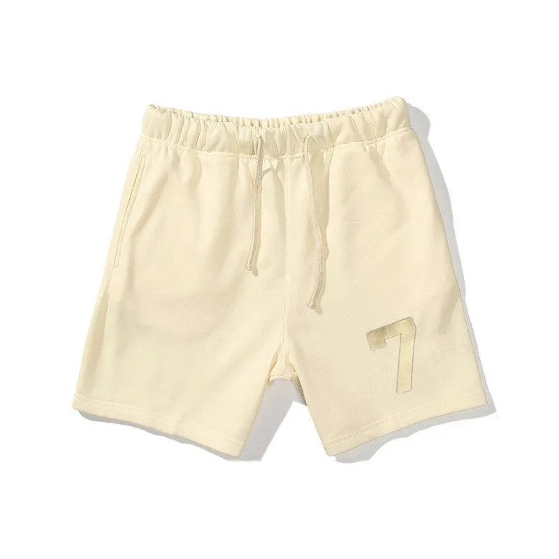 Men's cotton sports gym shorts in beige with drawstring waist and five-point length