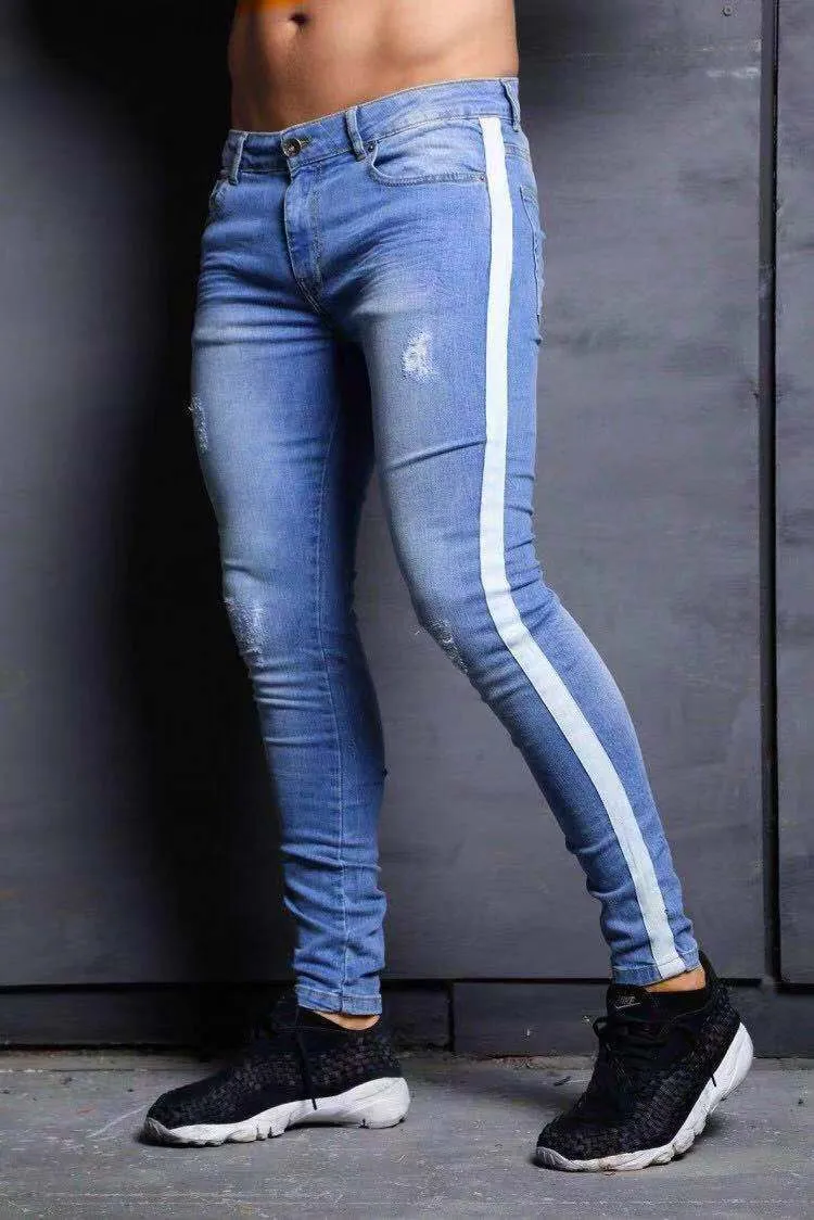 Men's black slim fit wish jeans with knee holes and mid waist design