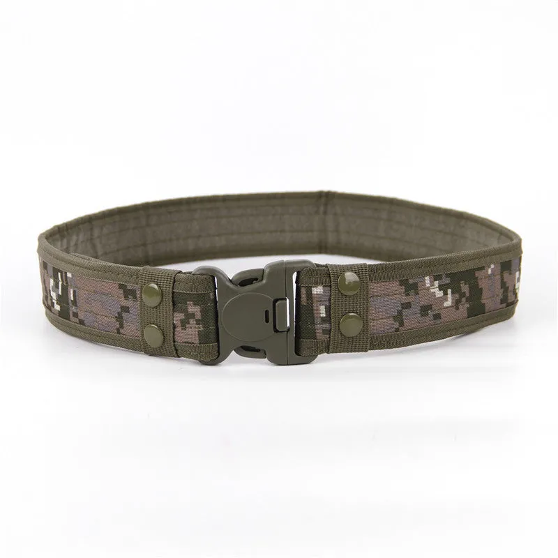 Wide edged thick canvas waist belt with plastic buckle, shown in green