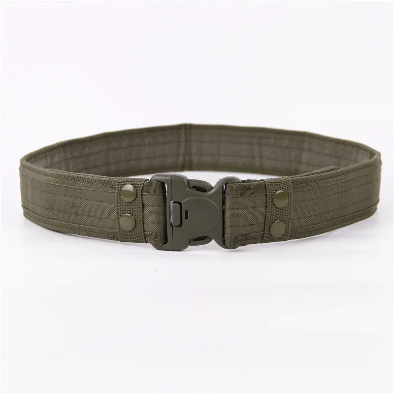 Wide edged thick canvas waist belt with plastic buckle, shown in green
