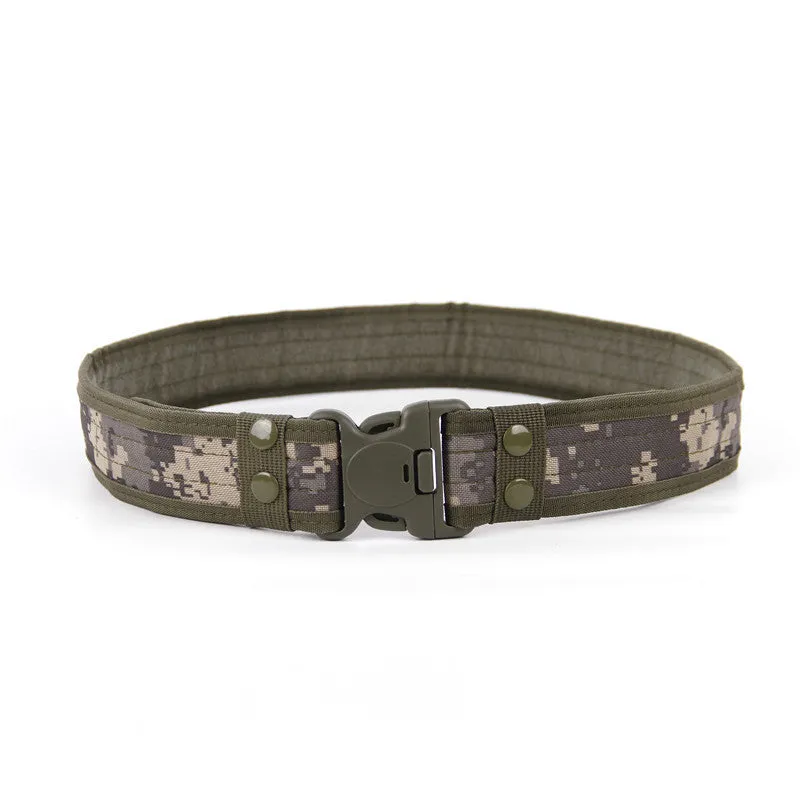 Wide edged thick canvas waist belt with plastic buckle, shown in green