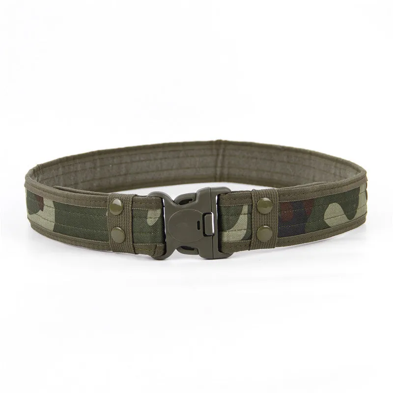 Wide edged thick canvas waist belt with plastic buckle, shown in green