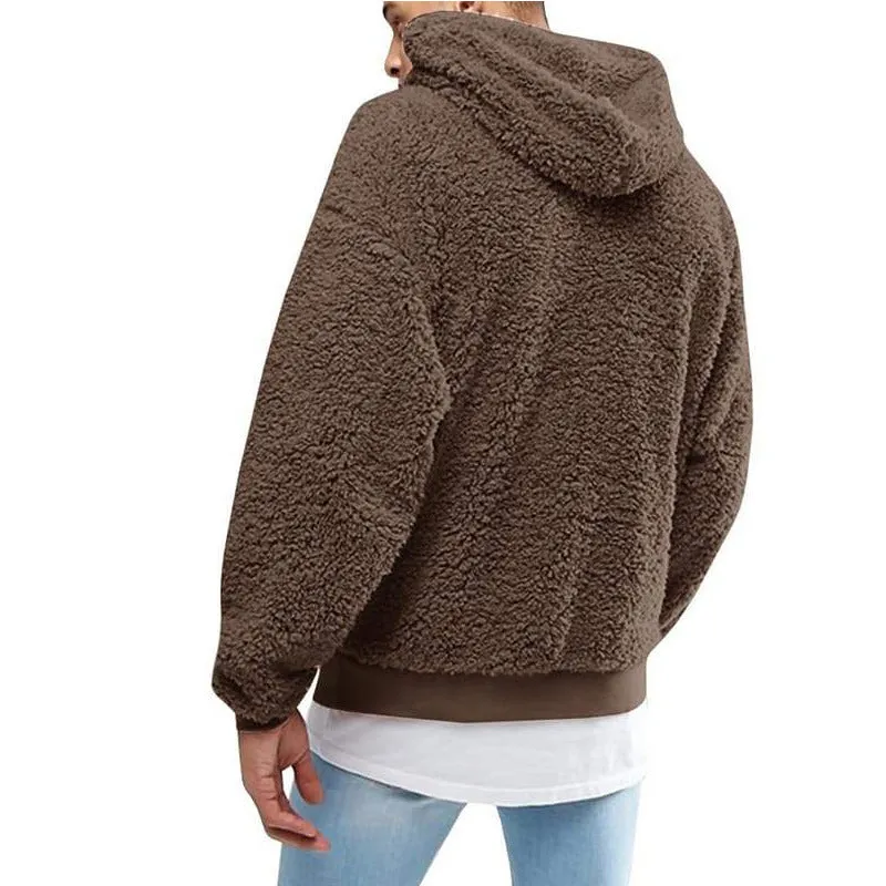 Men's fleece hooded pullover sweatshirt in black, long sleeves, hood, casual winter design