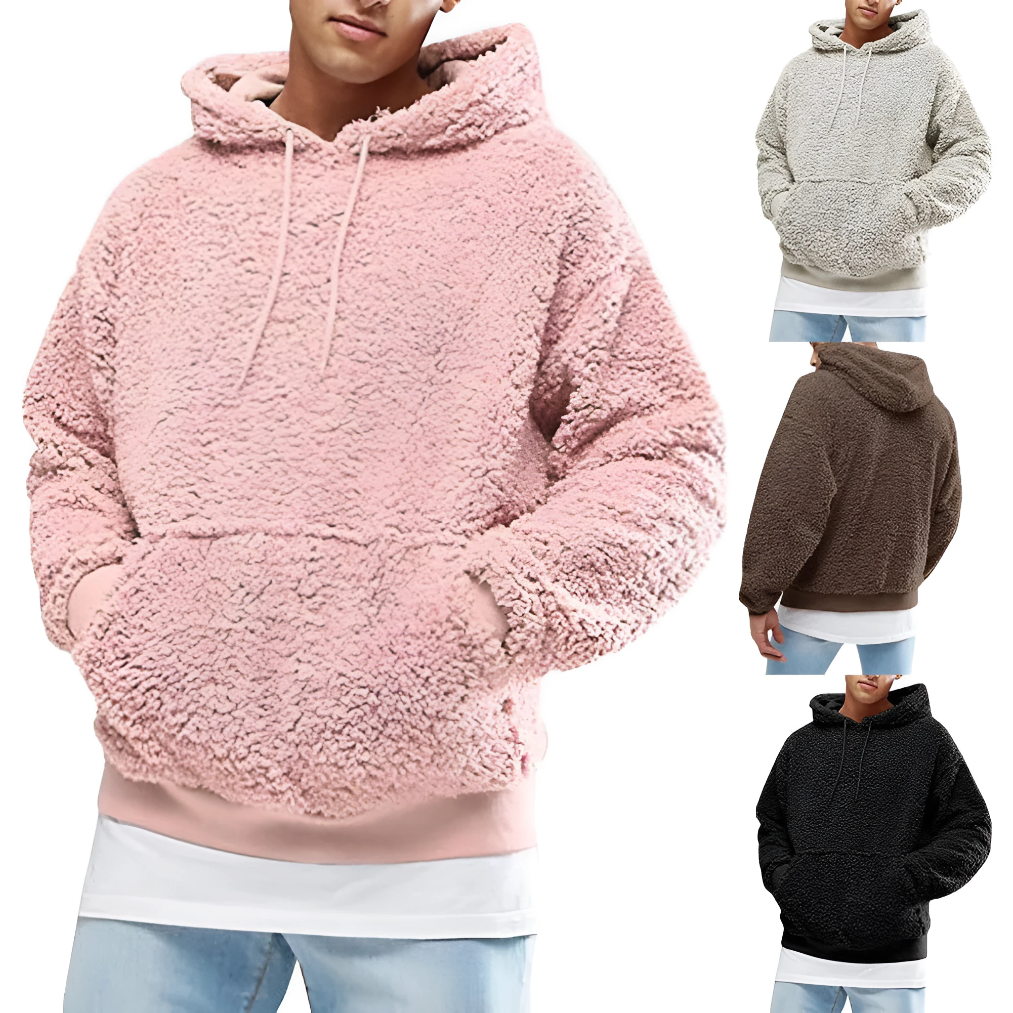 Men's fleece hooded pullover sweatshirt in black, long sleeves, hood, casual winter design