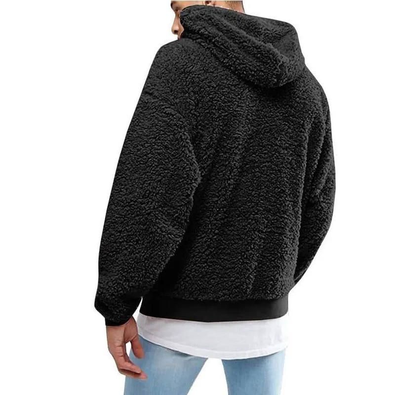 Men's fleece hooded pullover sweatshirt in black, long sleeves, hood, casual winter design