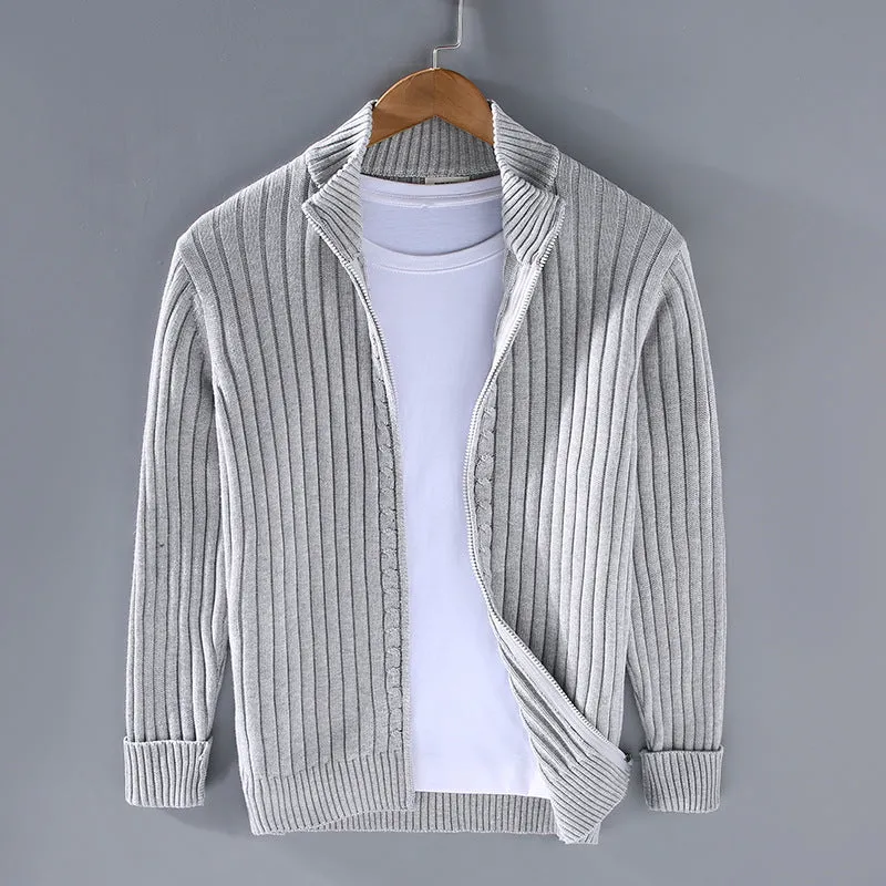 Men's loose fit cotton sweater coat in carbon gray, side view