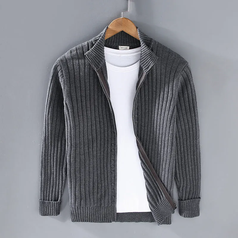 Men's loose fit cotton sweater coat in carbon gray, side view