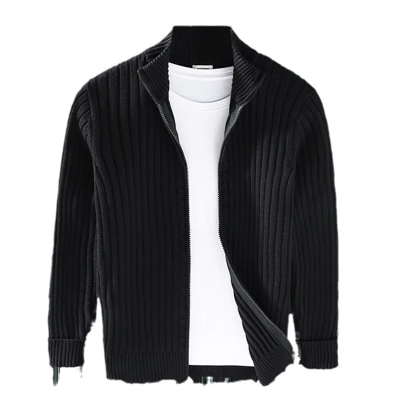 Men's loose fit cotton sweater coat in carbon gray, side view