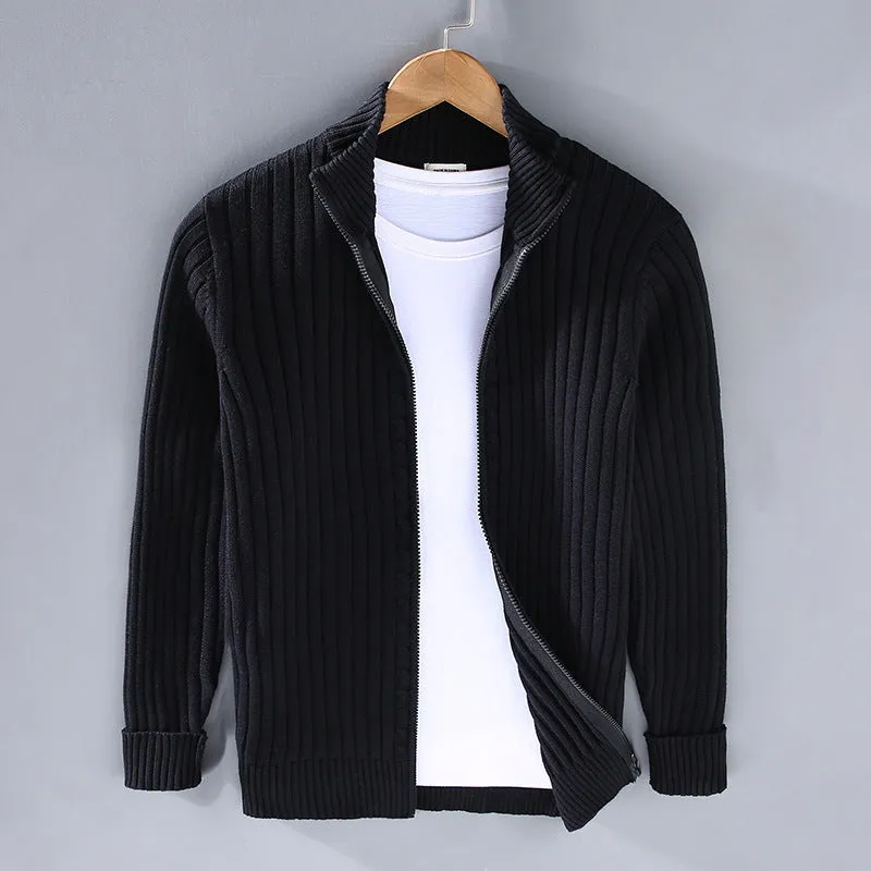 Men's loose fit cotton sweater coat in carbon gray, side view
