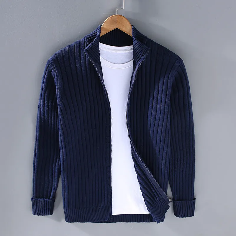 Men's loose fit cotton sweater coat in carbon gray, side view