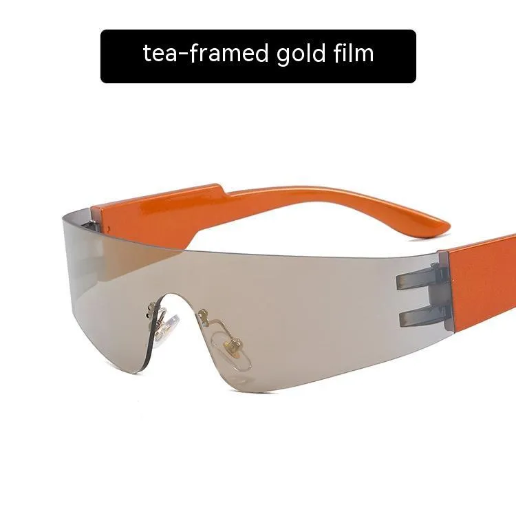 Women's fashion sports sunglasses with no frame, black PC lenses, black frame, shown in product picture
