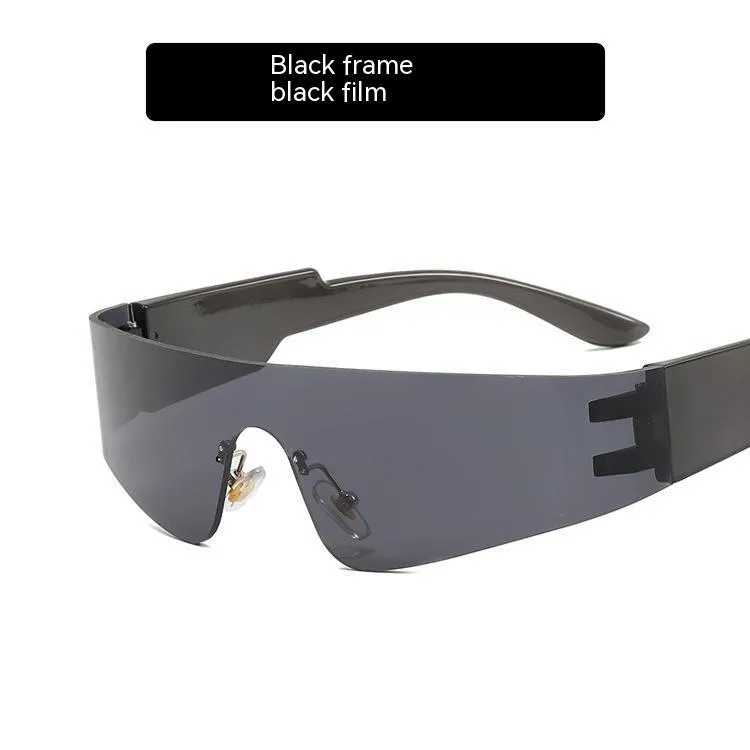 Women's fashion sports sunglasses with no frame, black PC lenses, black frame, shown in product picture
