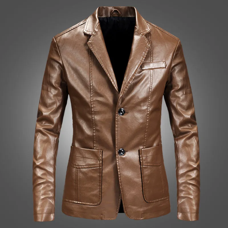 Slim fit PU leather short style spring jacket for men with suit collar and zipper in black front view