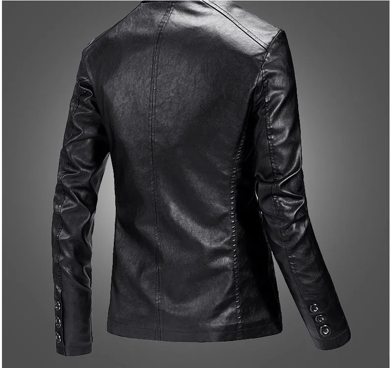 Slim fit PU leather short style spring jacket for men with suit collar and zipper in black front view