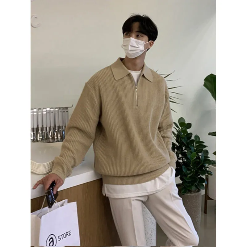 Long-sleeved solid colour sweater coat in polyester, available in khaki grey black