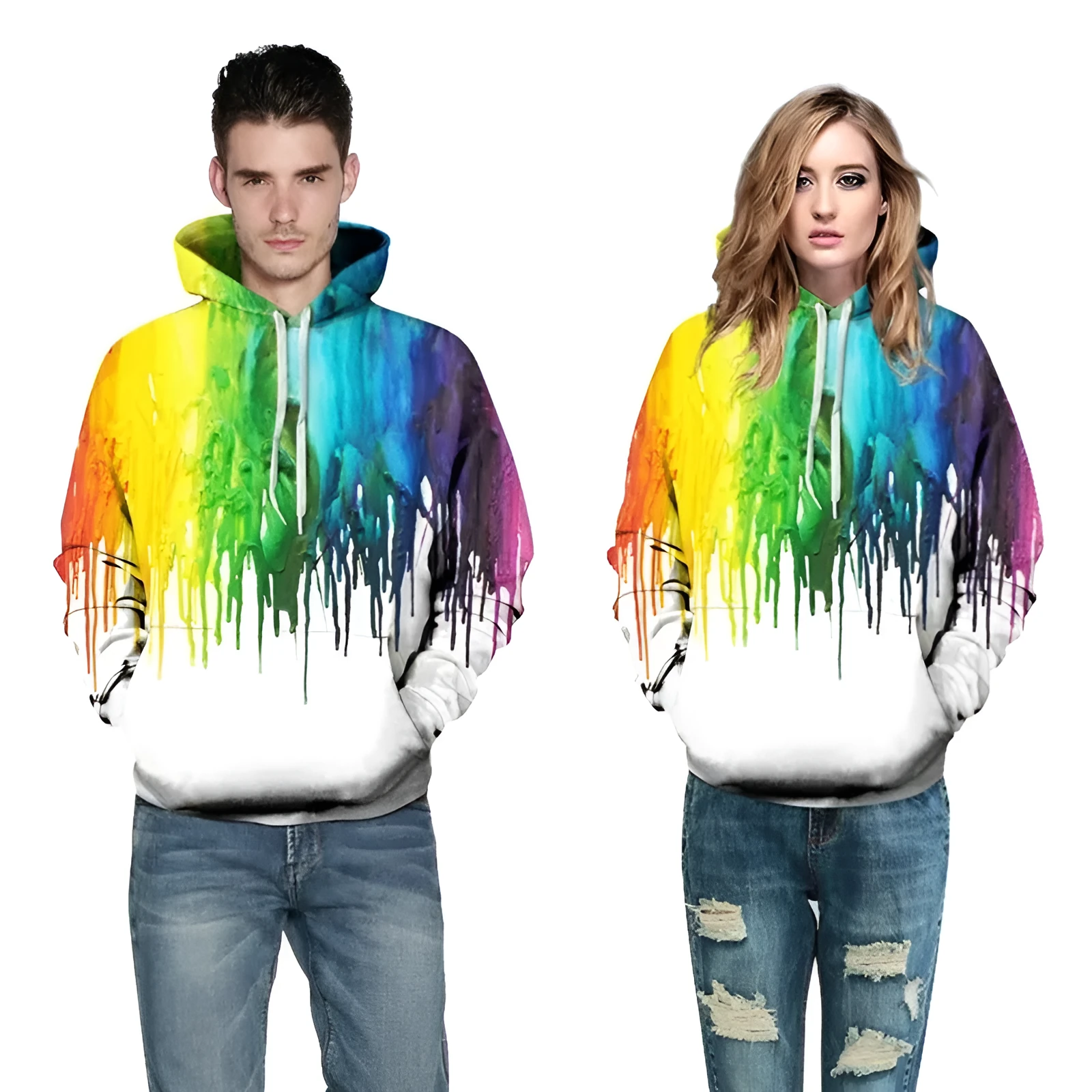 3D hoodie men splatter colorful paint stains print sweatshirt streetwear pullover front view