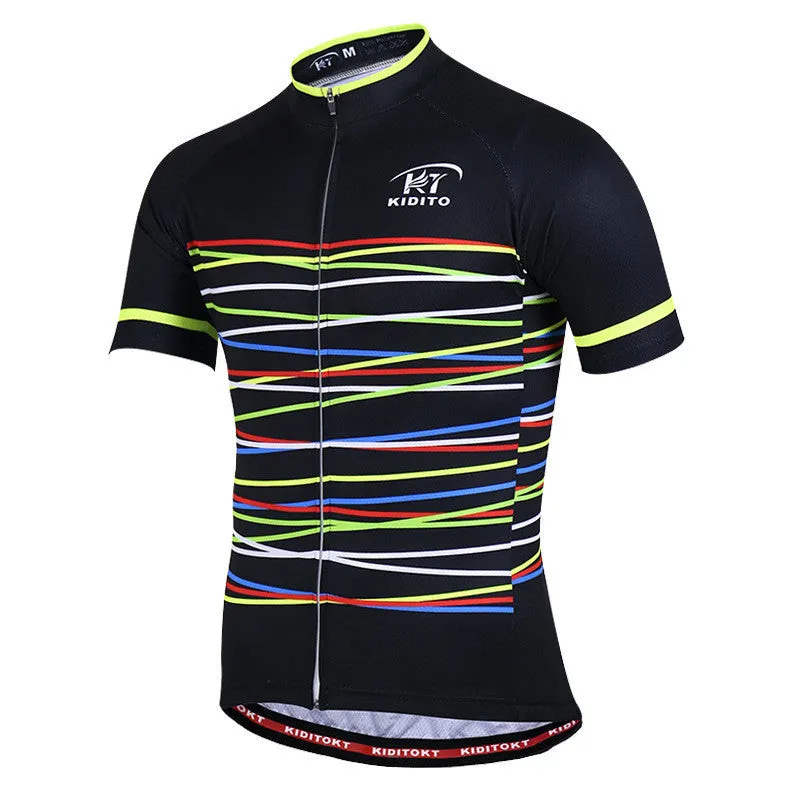 Men's summer cycling jersey set in white with moisture wicking fabric, short sleeves, and black shorts